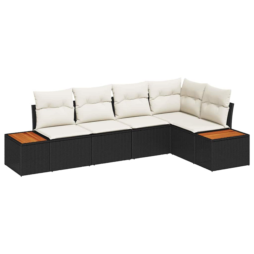 5-Piece Garden Sofa Set with Cushions - Black Poly Rattan and Acacia Wood