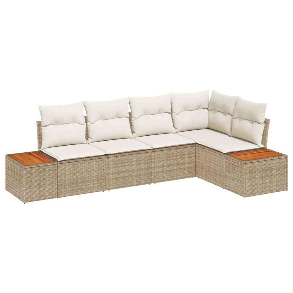 5 Piece Garden Sofa Set with Cushions Sand Polyrattan Acacia