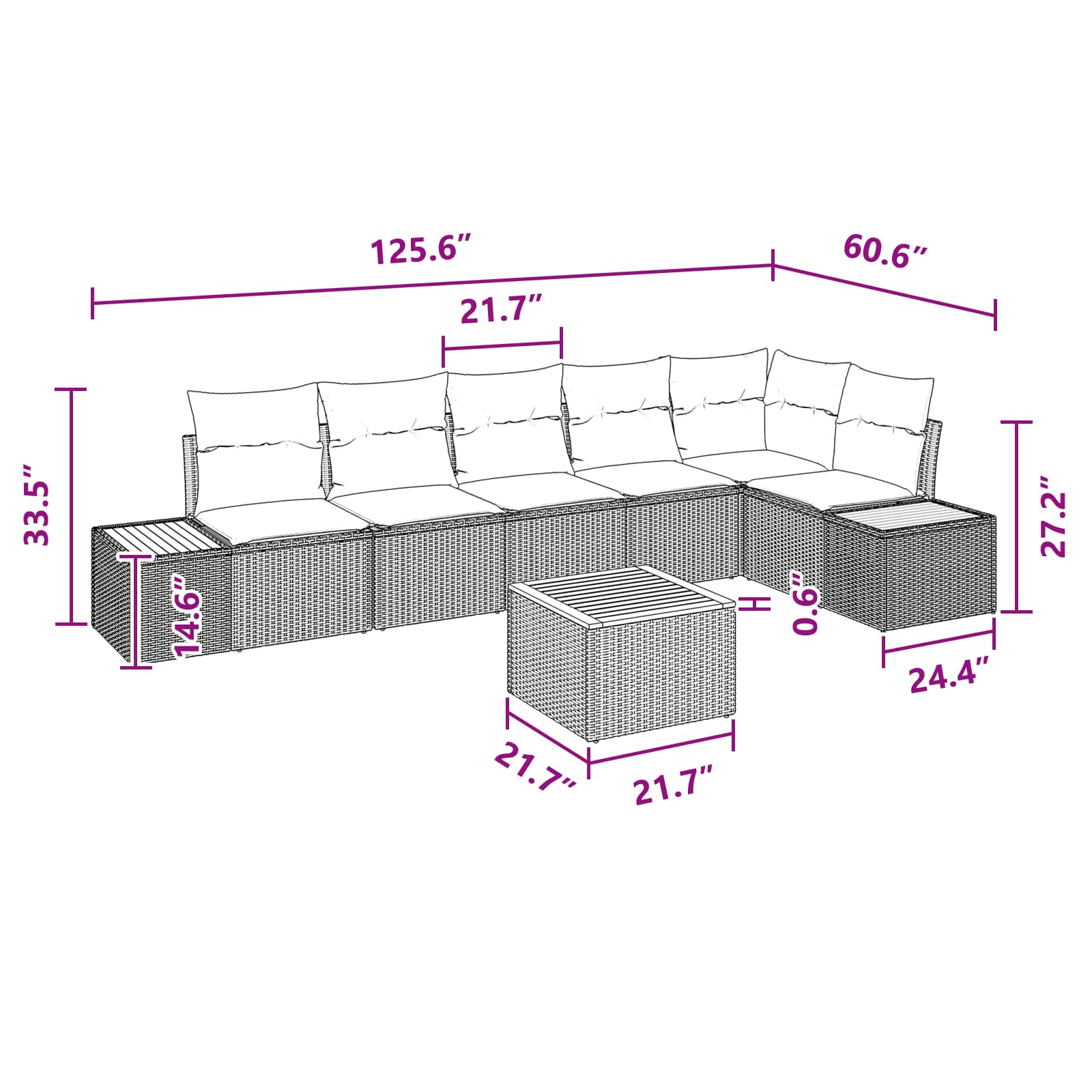 7 dalių sodo sofa komplektas su pagalvėmis Juodas Poli ratanas Akacija
