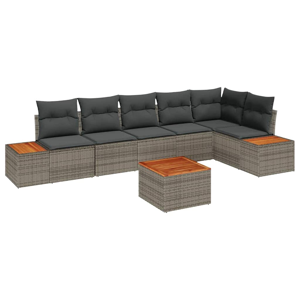 7 Piece Garden Sofa Set with Cushions Grey Poly Rattan Acacia