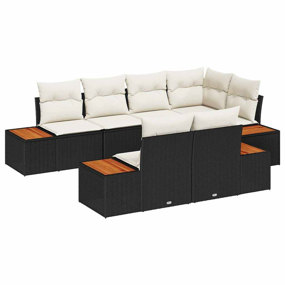7-Piece Garden Sofa Set with Cushions Black Poly Rattan Acacia