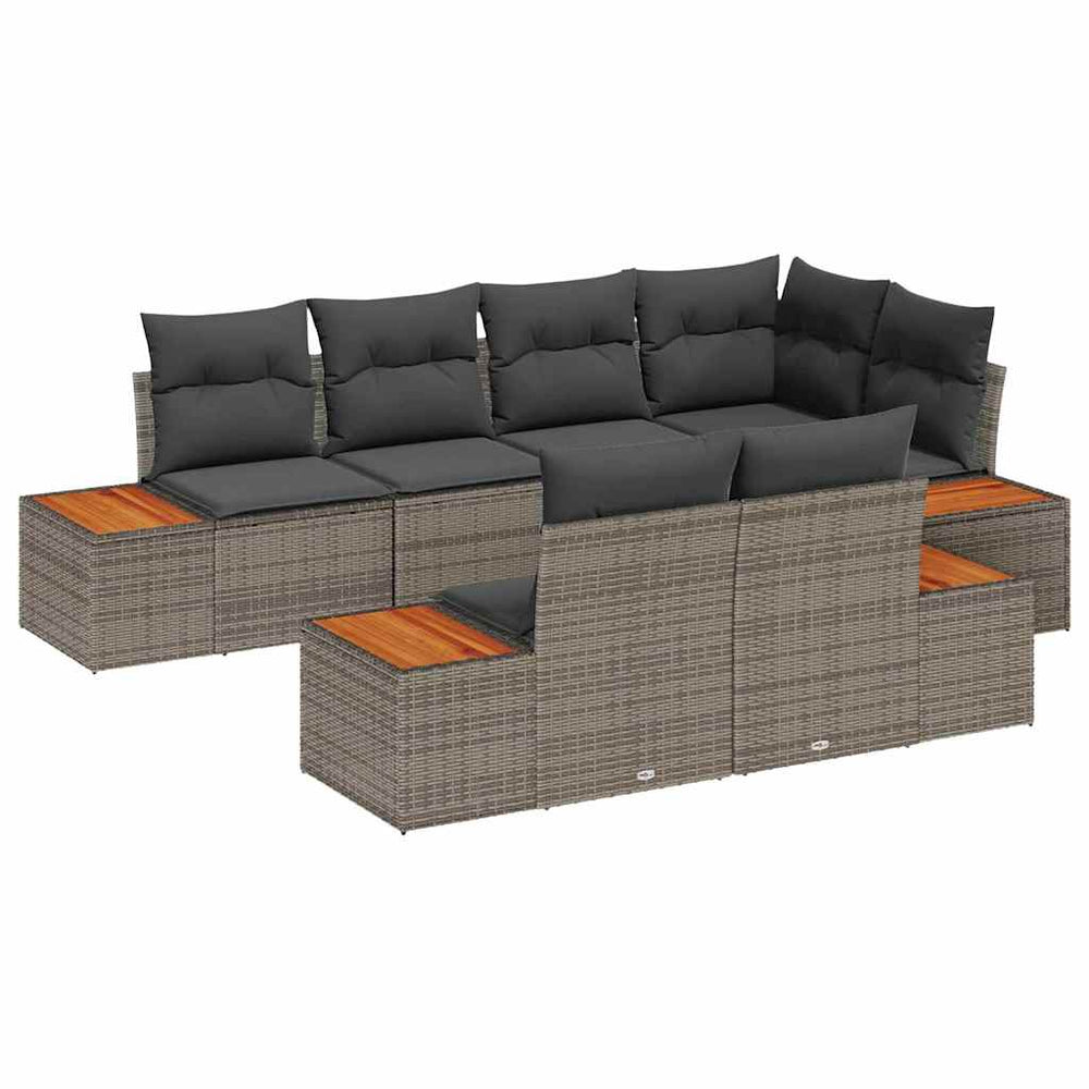 7 Piece Garden Sofa Set with Cushions Grey Poly Rattan Acacia