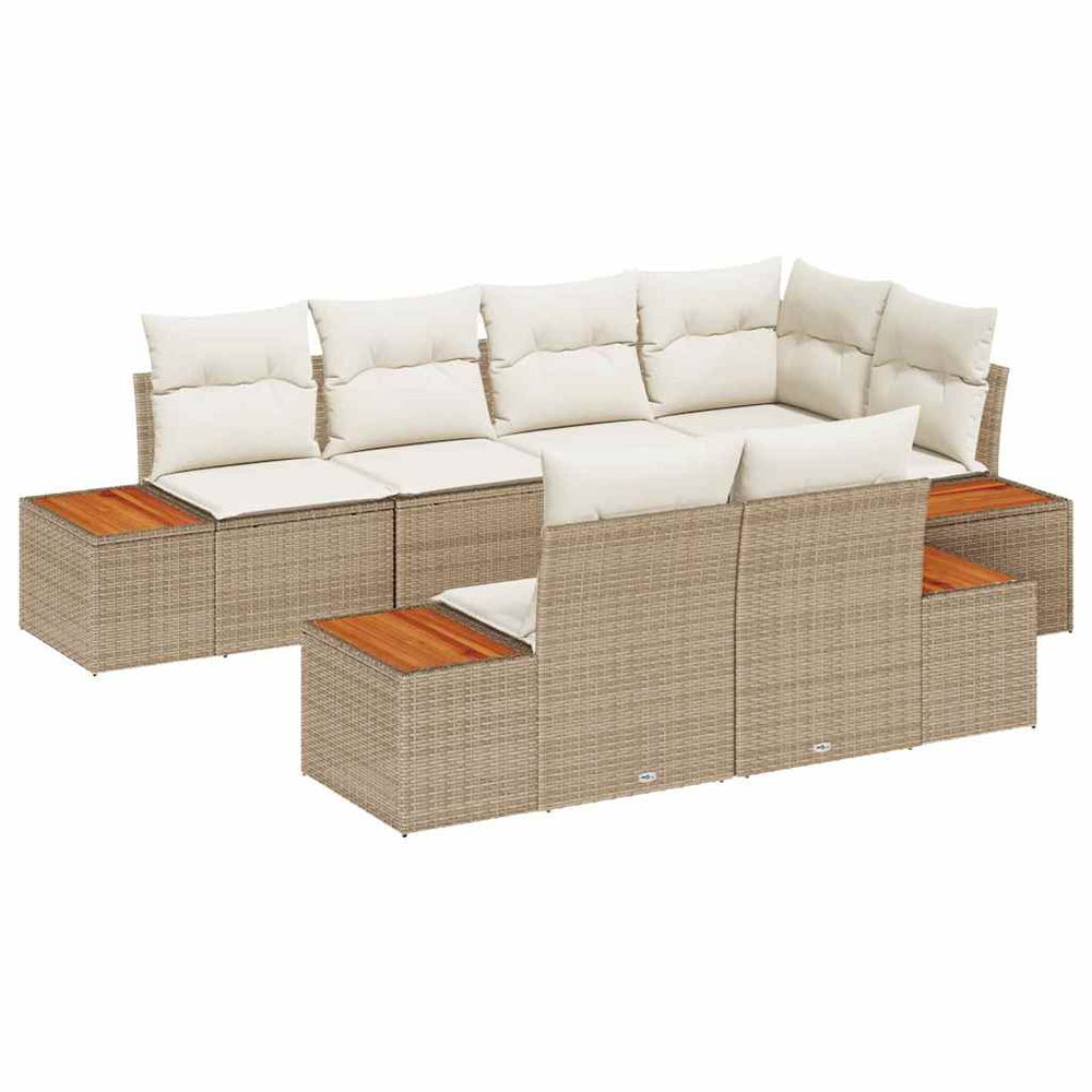 7-Piece Garden Sofa Set with Cushions, Sand Poly Rattan Acacia