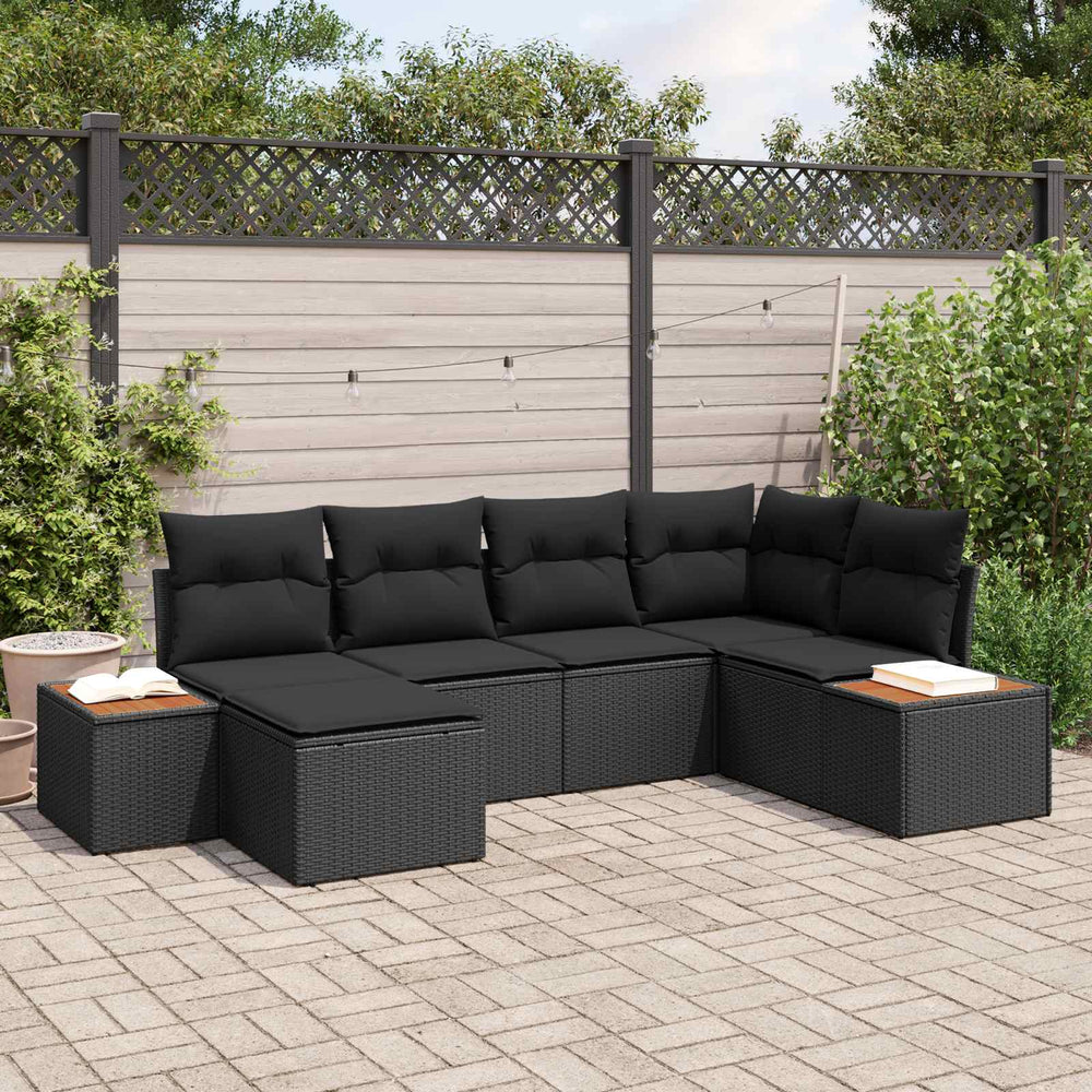 6-piece garden sofa set with cushions black poly rattan acacia wood