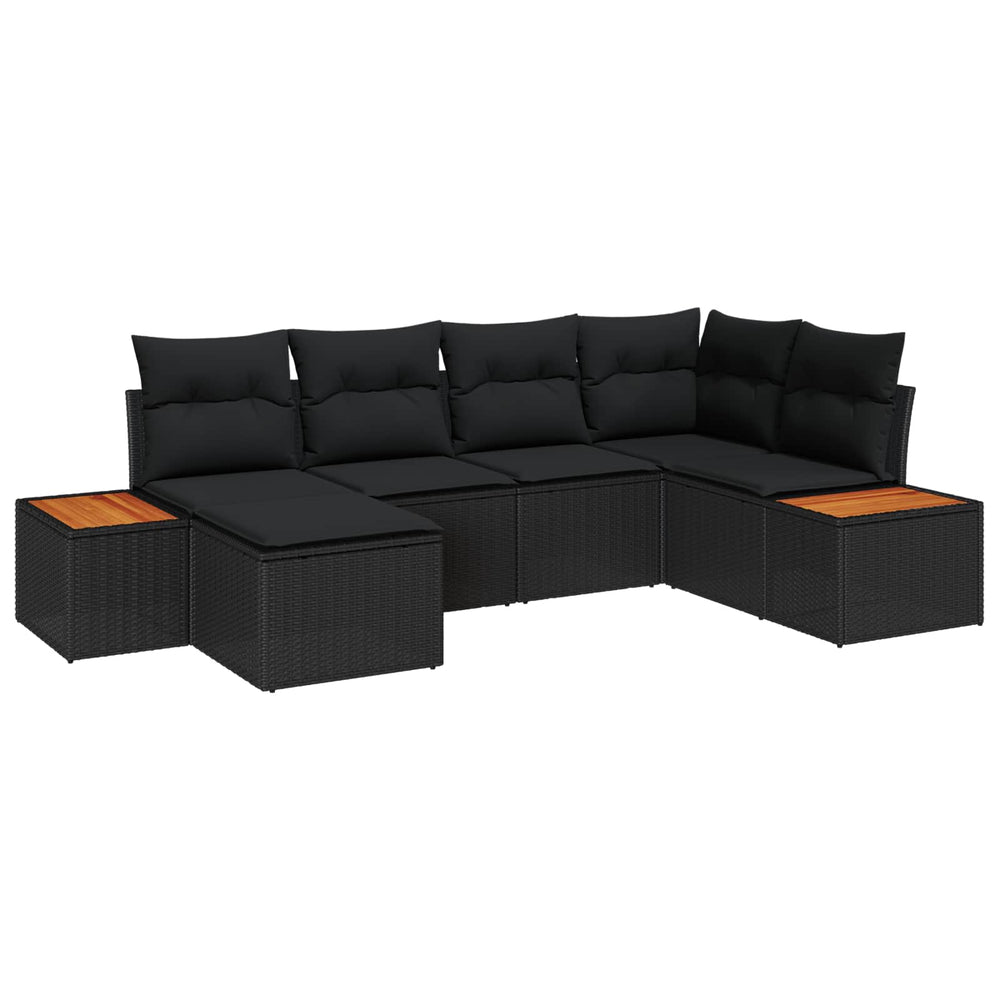6-piece garden sofa set with cushions black poly rattan acacia wood