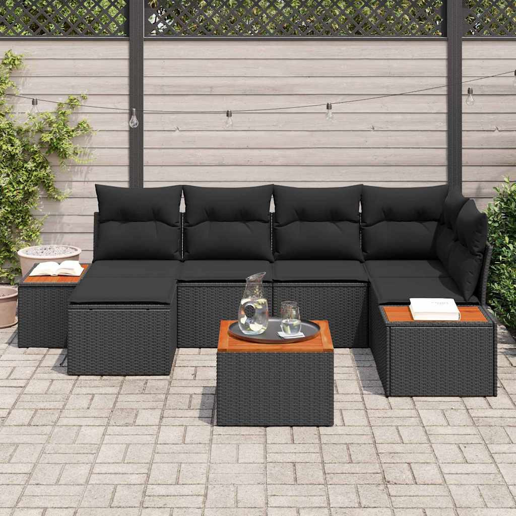 7 dalių sodo sofa komplektas su pagalvėmis juodas poliratanas akacija