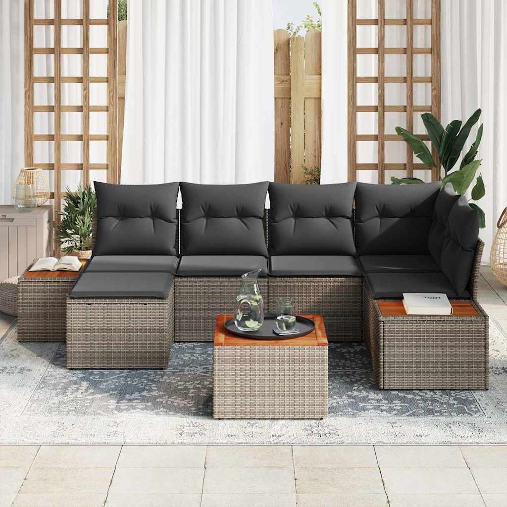 7 dalių sodo sofa su pagalvėmis pilkas poly ratanas akacija