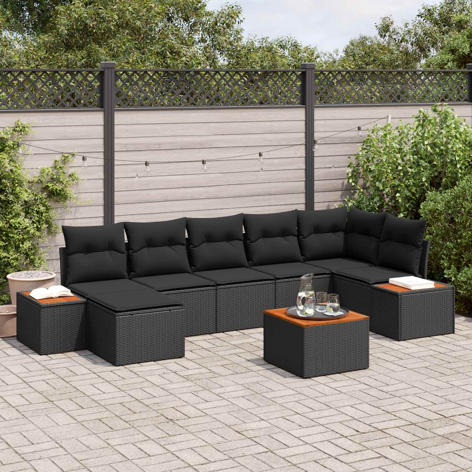 Sodo Sofų Rinkinys su pagalve 8 pcs Juoda Poliratanas