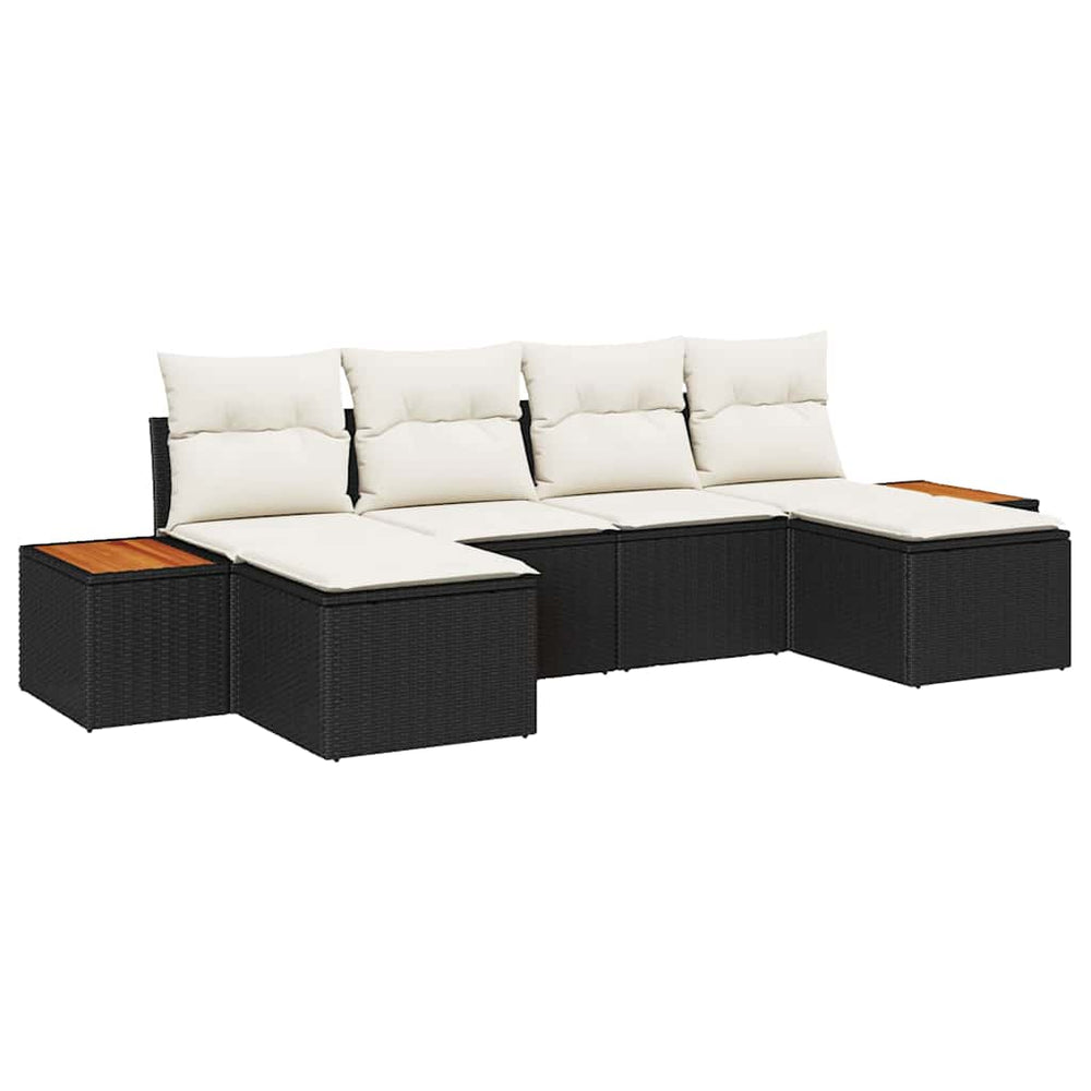 6-Piece Garden Sofa Set with Cushions Black Poly Rattan Acacia