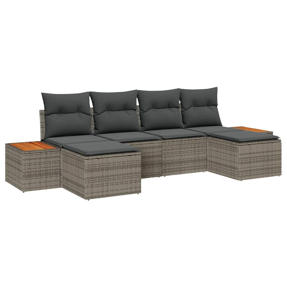 6-Piece Garden Sofa Set with Cushions Grey Poly Rattan Acacia