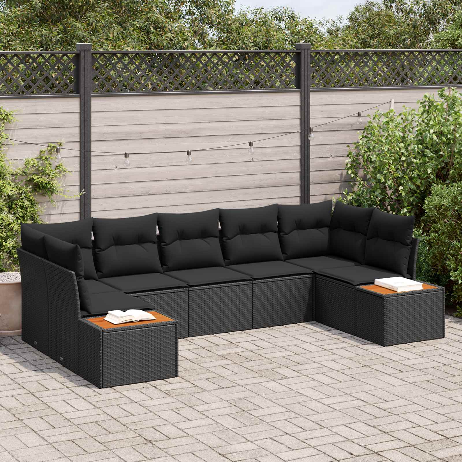 7-Piece Garden Sofa Set with Cushions Black Poly Rattan Acacia
