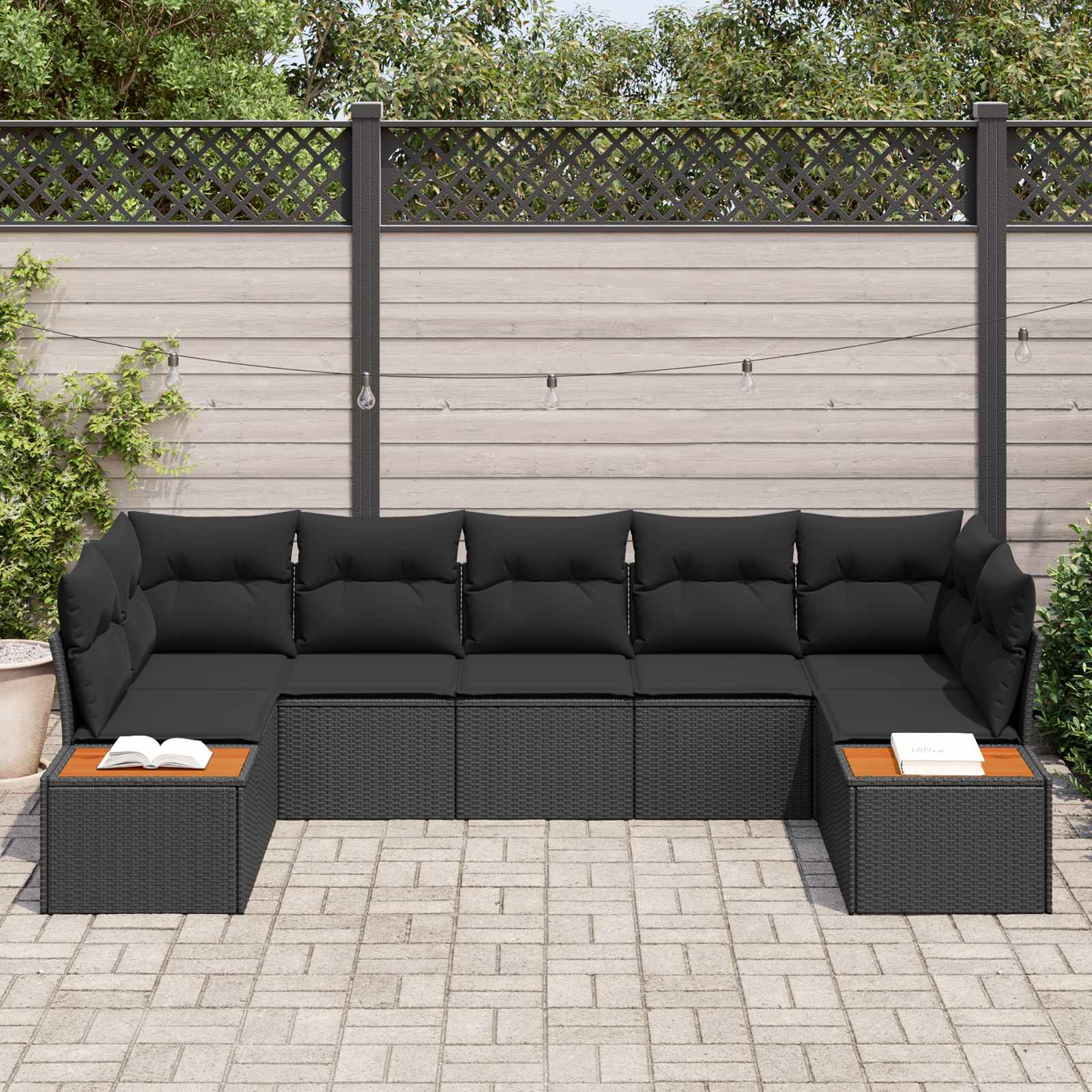 7-Piece Garden Sofa Set with Cushions Black Poly Rattan Acacia