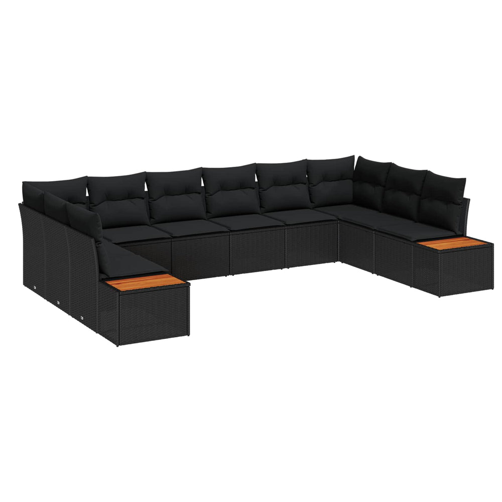10-Piece Garden Sofa Set with Cushions Black Poly Rattan Acacia