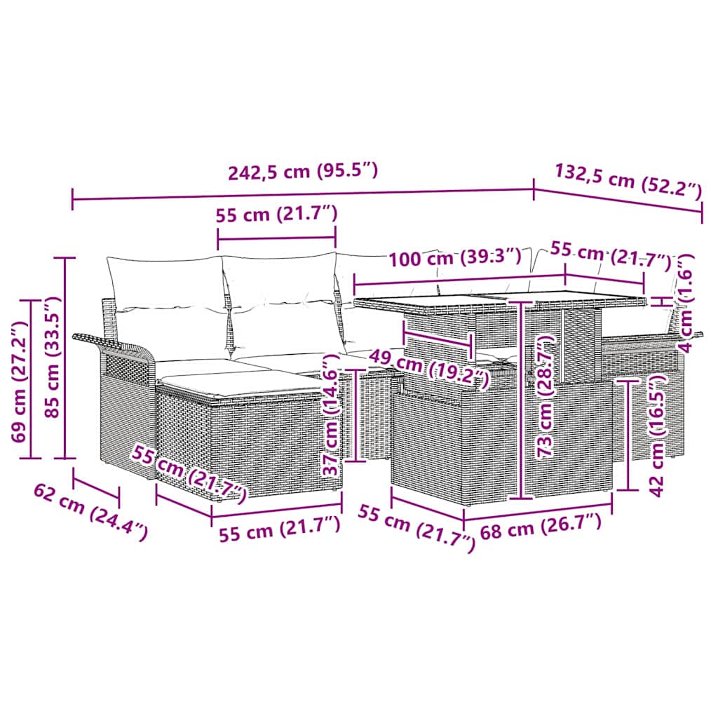 7-Piece Garden Sofa Set with Cushions Light Grey Poly Rattan