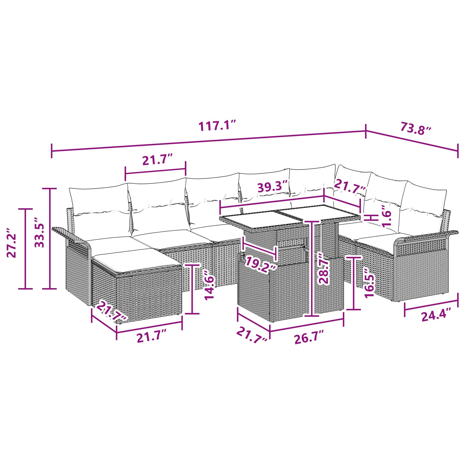 Sodo Sofų Rinkinys su pagalve 9 pcs Pilka Poli ratanas