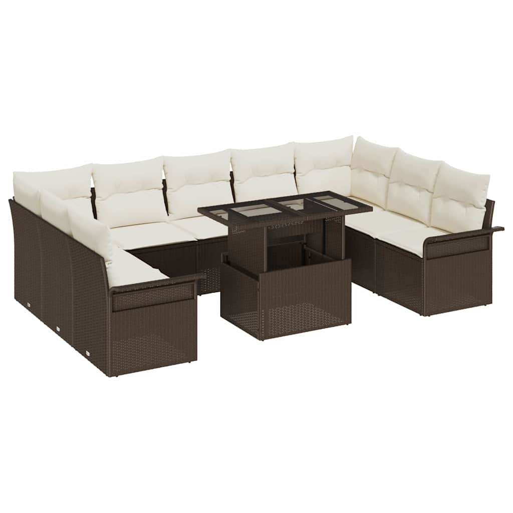 10-piece Garden Sofa Set with Cushions Brown Poly Rattan