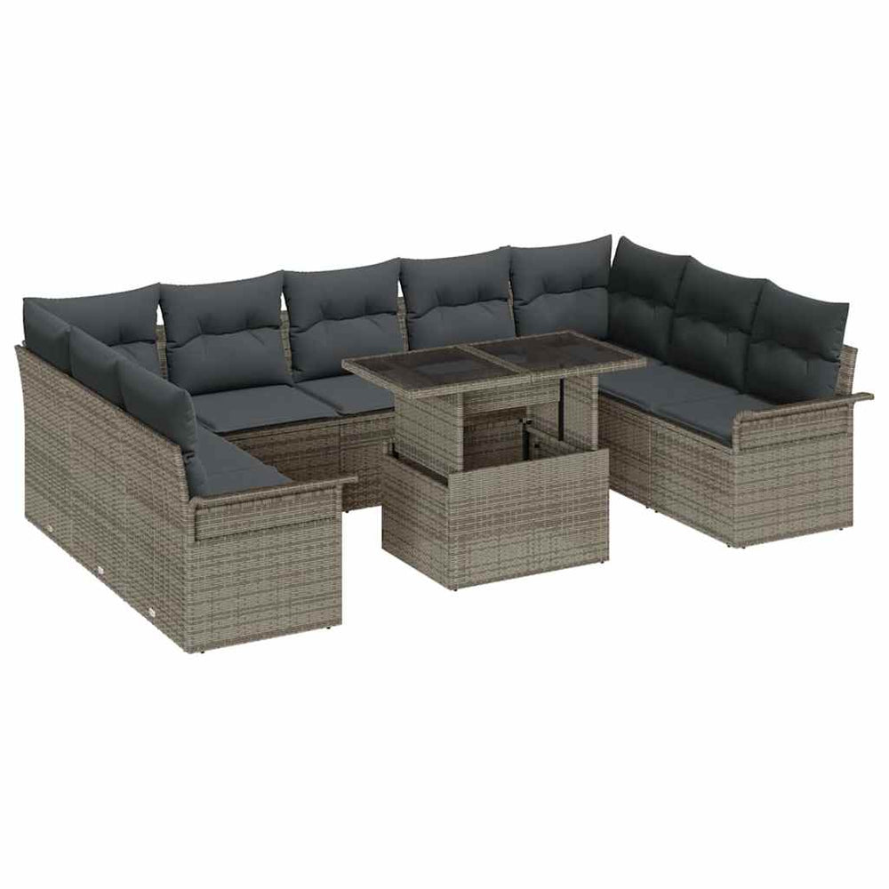 10-Piece Garden Sofa Set with Cushions Grey Poly Rattan