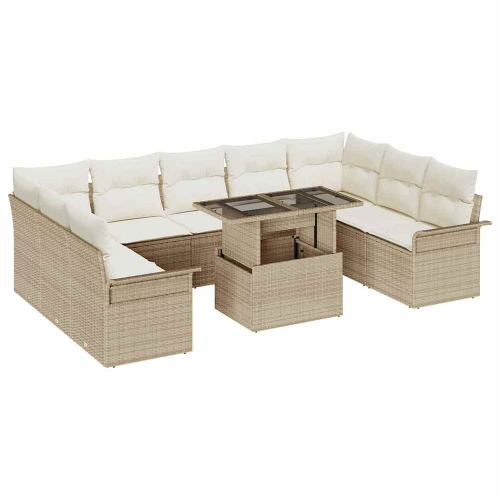 10 Dalių Sodo Sofa Komplektas su Pagalvėlėmis Smėlio Poliratanas