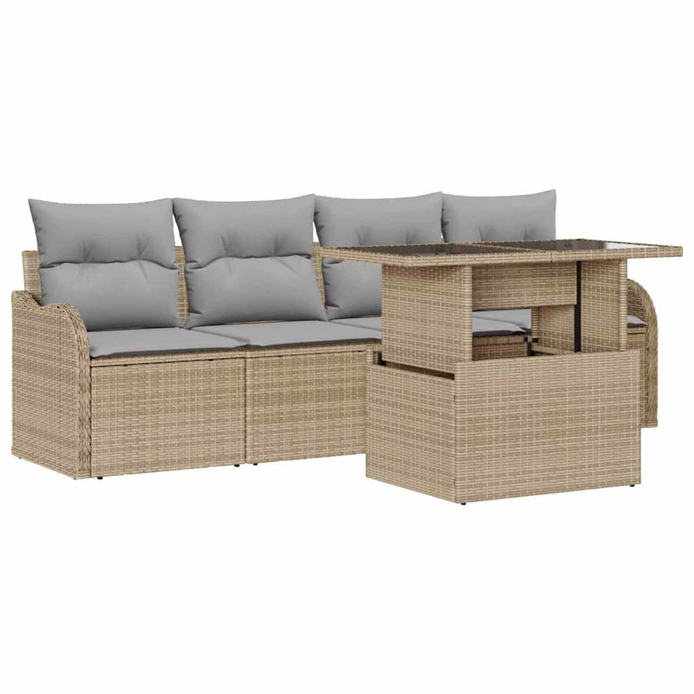 5 Piece Garden Sofa Set with Cushions Sand Poly Rattan