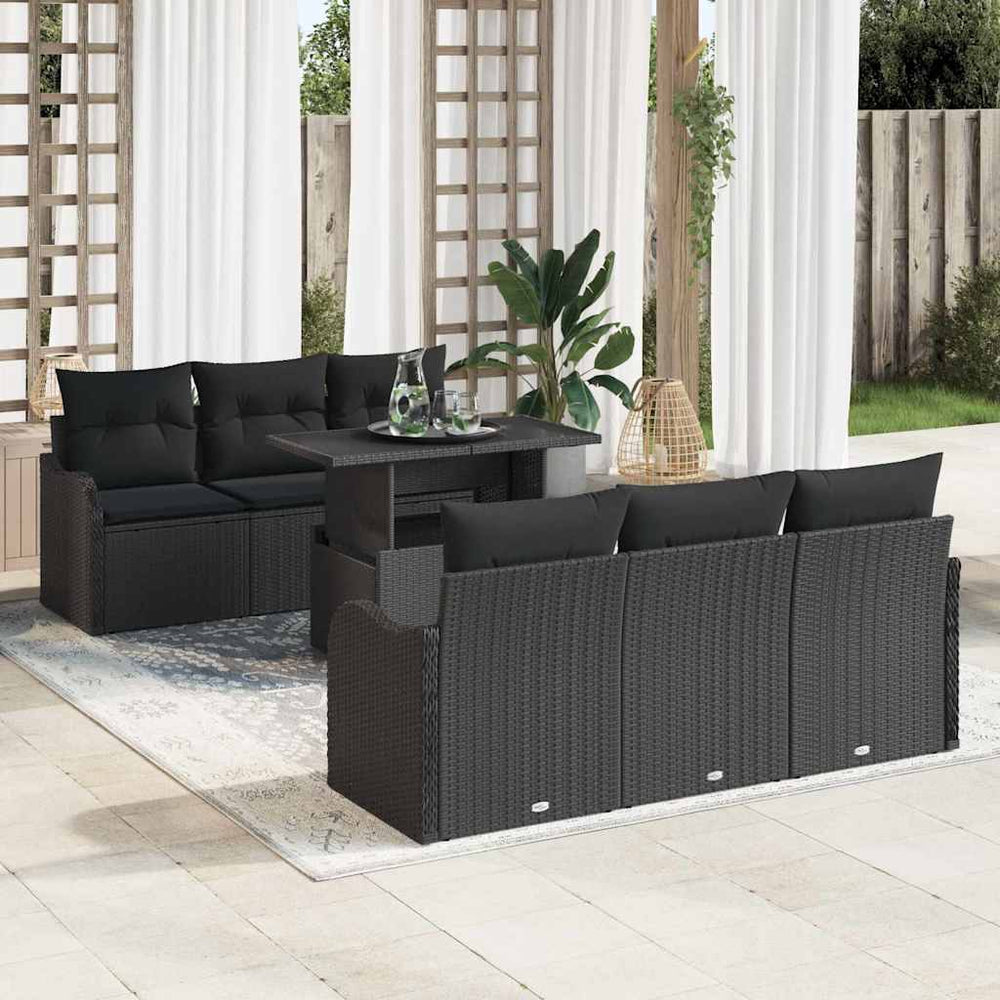 7 dalių Sodo sofa komplektas su pagalvėmis juoda poli ratanas