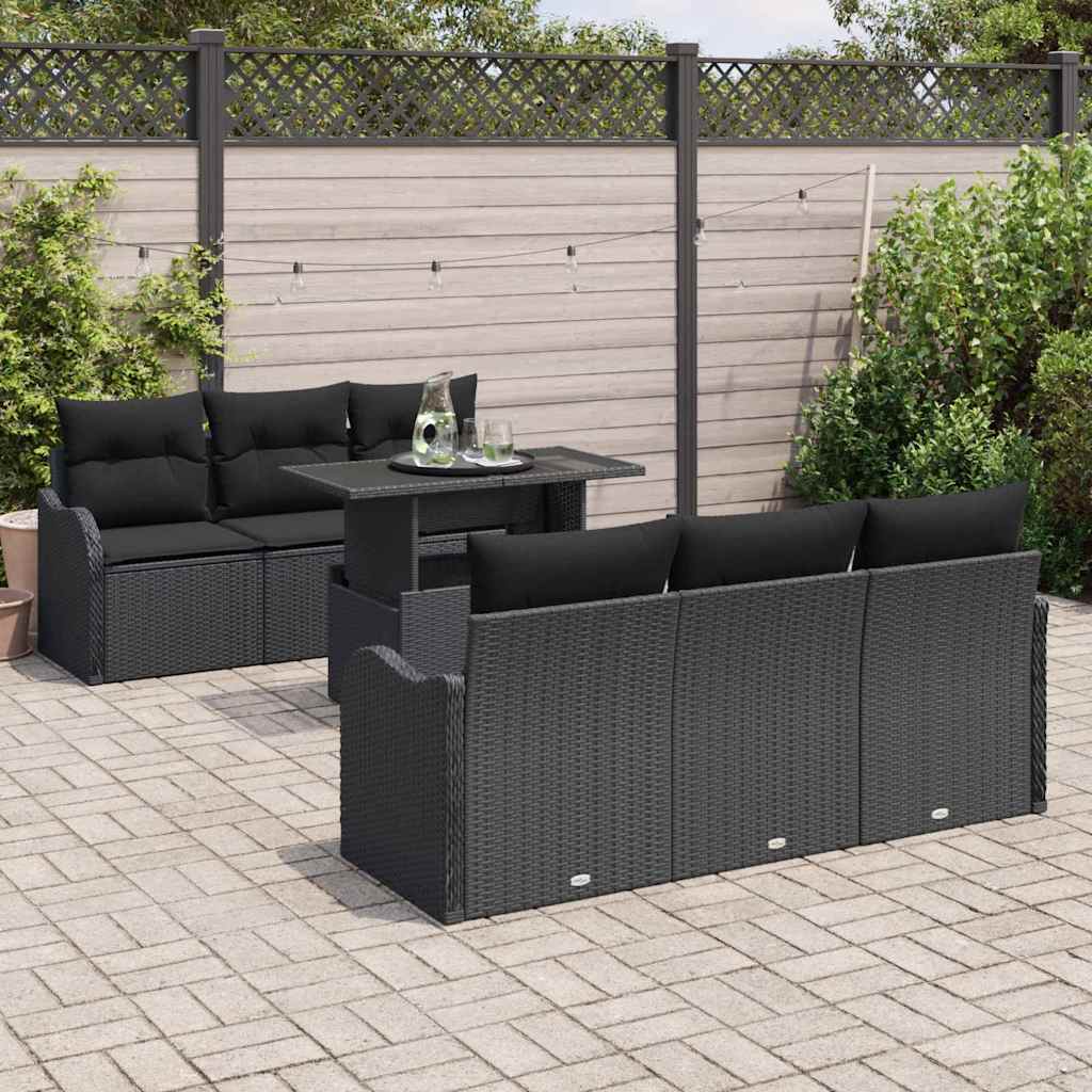 7 dalių Sodo sofa komplektas su pagalvėmis juoda poli ratanas