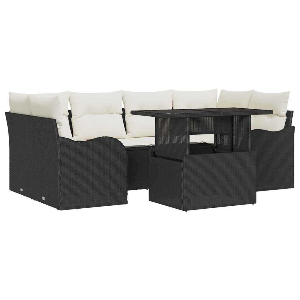 7 Piece Garden Sofa Set with Cushions Black Poly Rattan