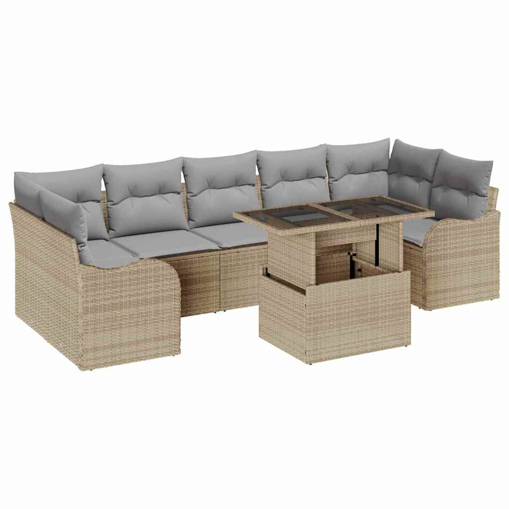 8-Piece Garden Sofa Set with Cushions Sand Poly Rattan