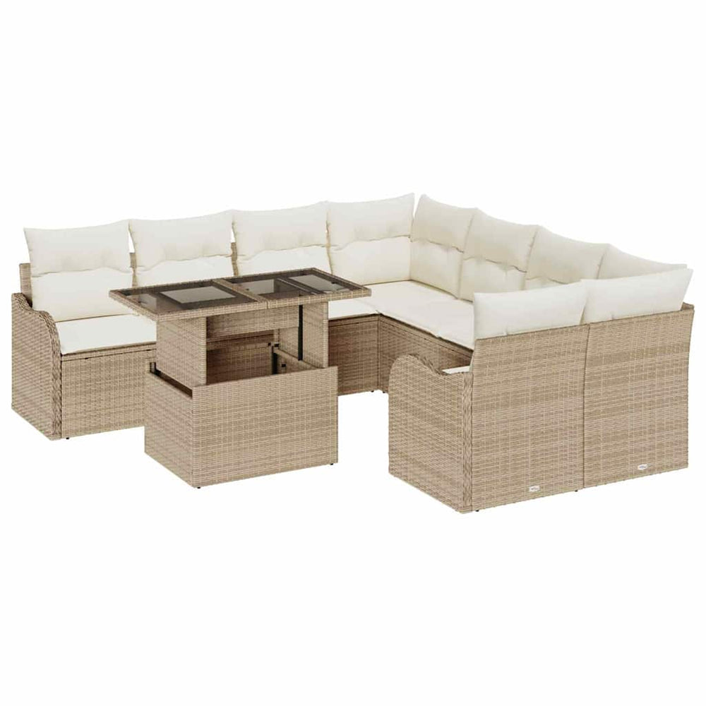 9-Piece Garden Sofa Set with Cushions Sand Poly Rattan
