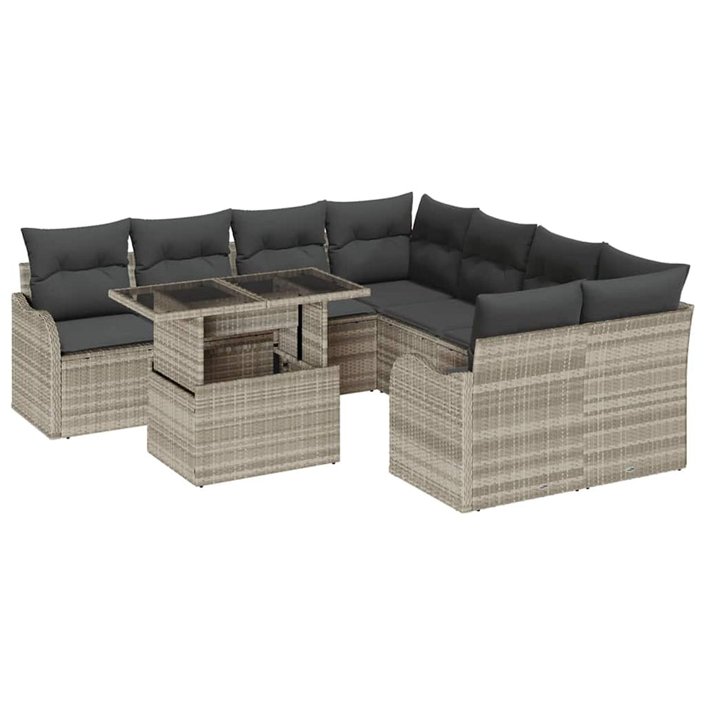 9-Piece Garden Sofa Set with Cushions Light Grey Poly Rattan