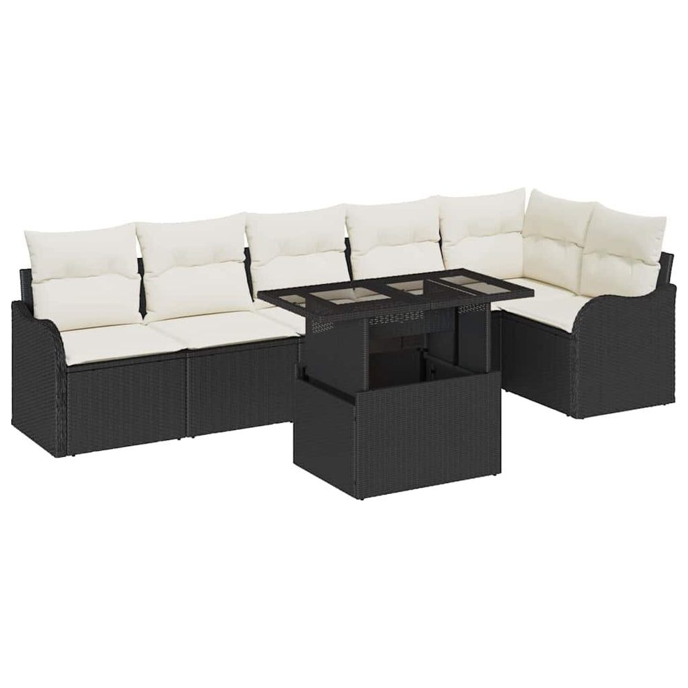 7 Piece Garden Sofa Set with Cushions Black Poly Rattan