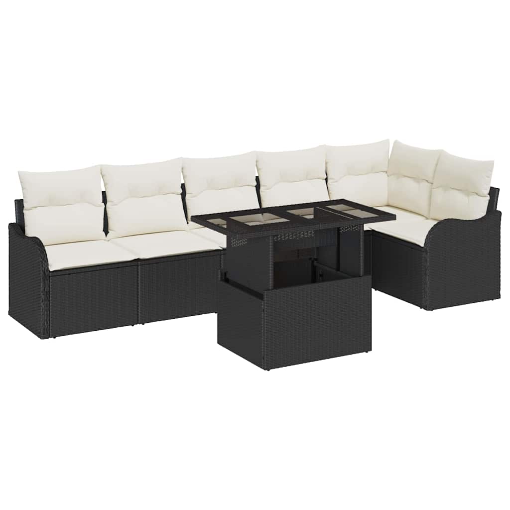 7 Piece Garden Sofa Set with Cushions Black Poly Rattan