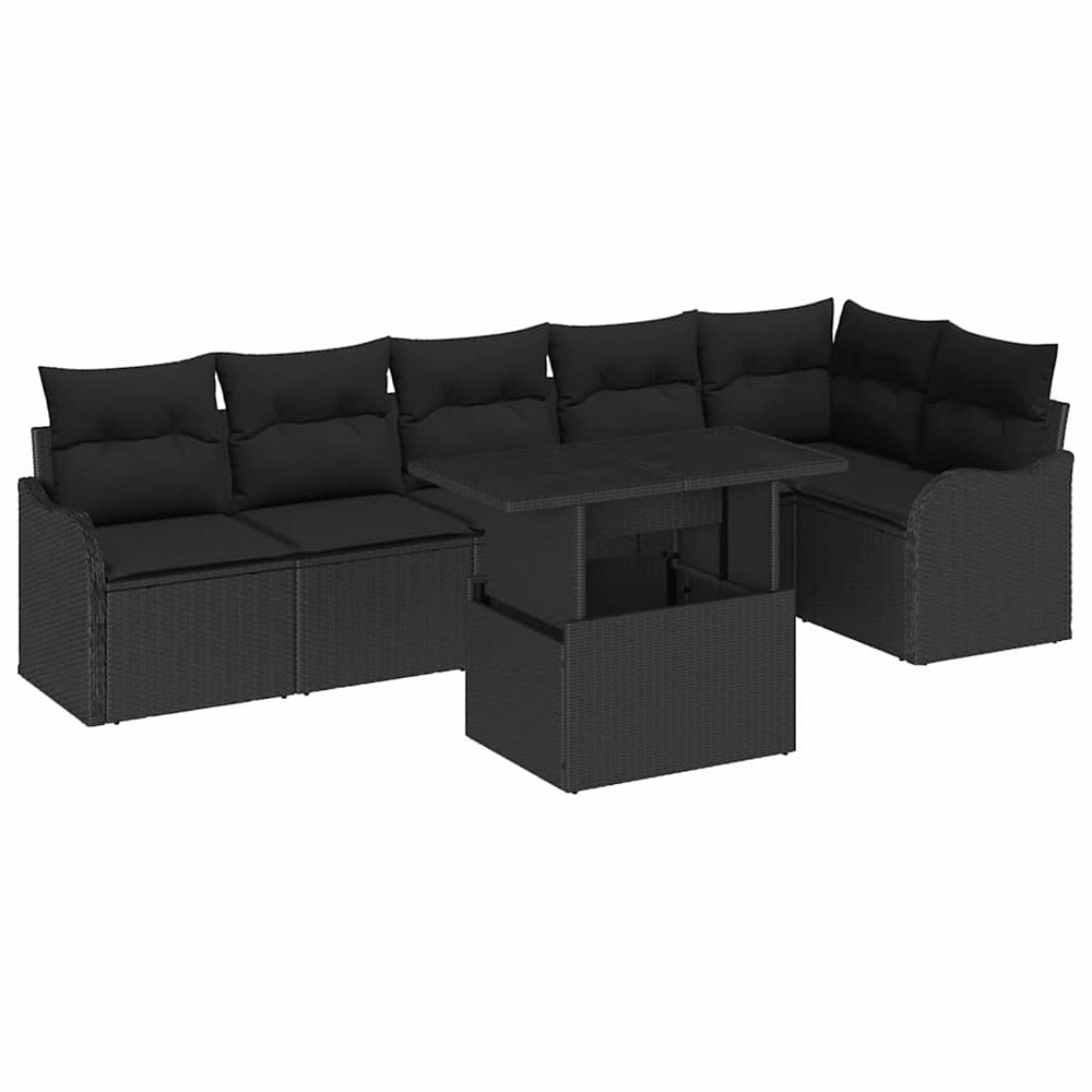 7 Piece Garden Sofa Set with Cushions Black Poly Rattan