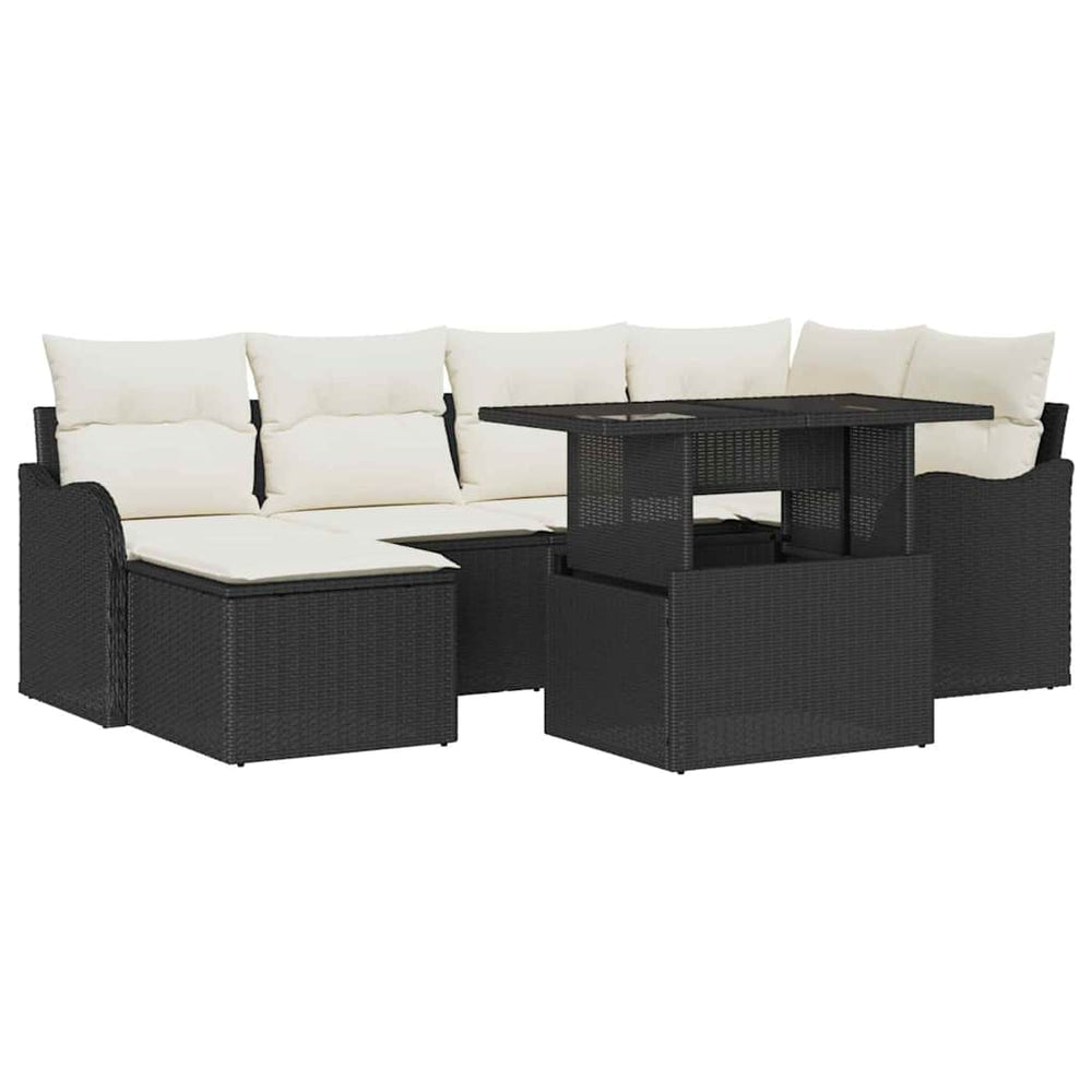 7 Piece Garden Sofa Set with Cushions Black Poly Rattan