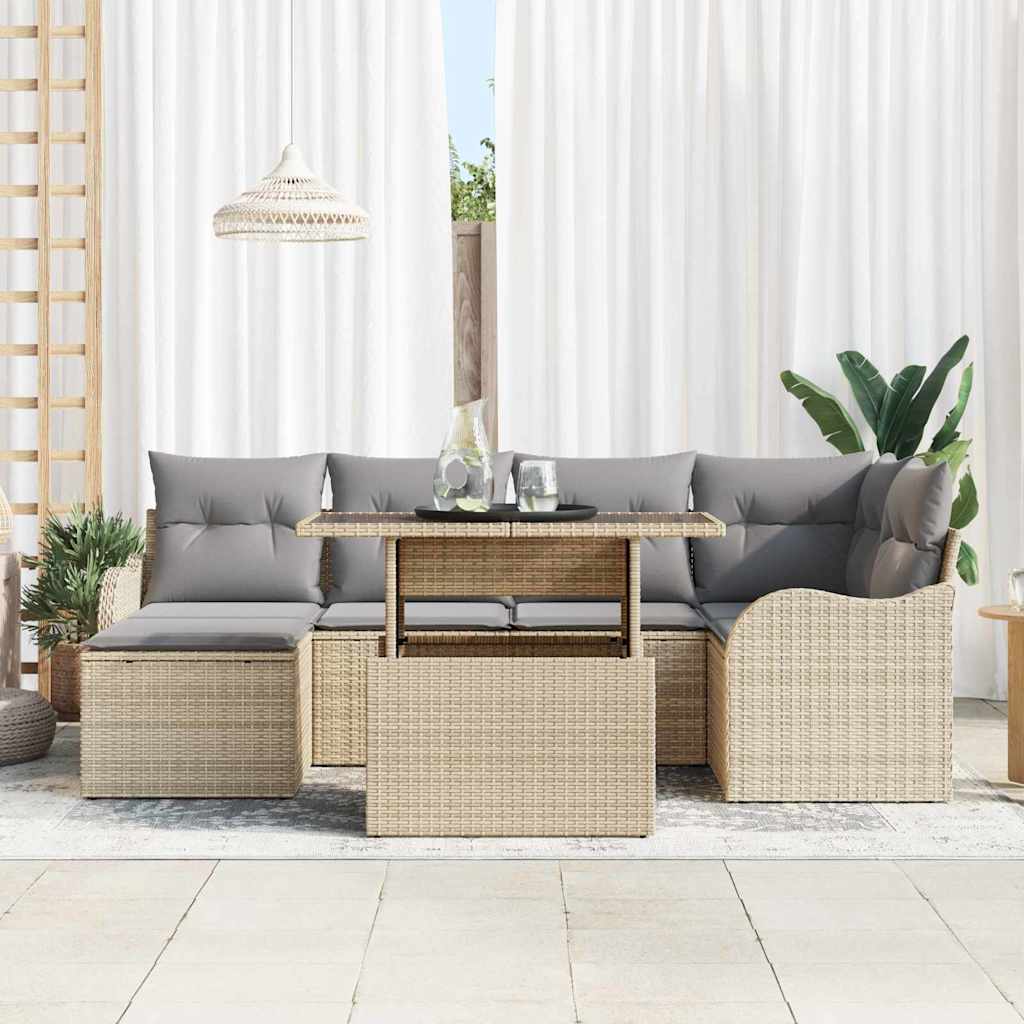 7 dalių sodo sofa su pagalvėmis Smėlio poli ratanas