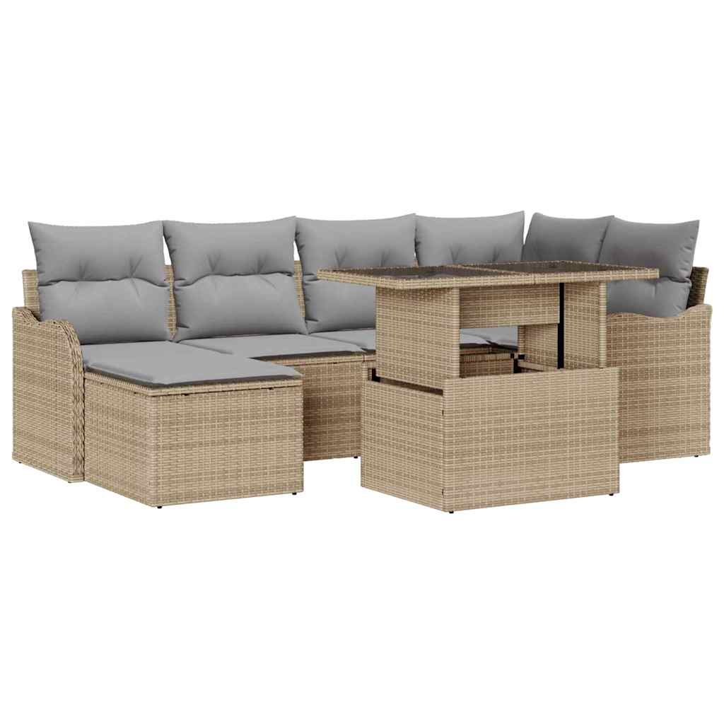 7 dalių sodo sofa su pagalvėmis Smėlio poli ratanas