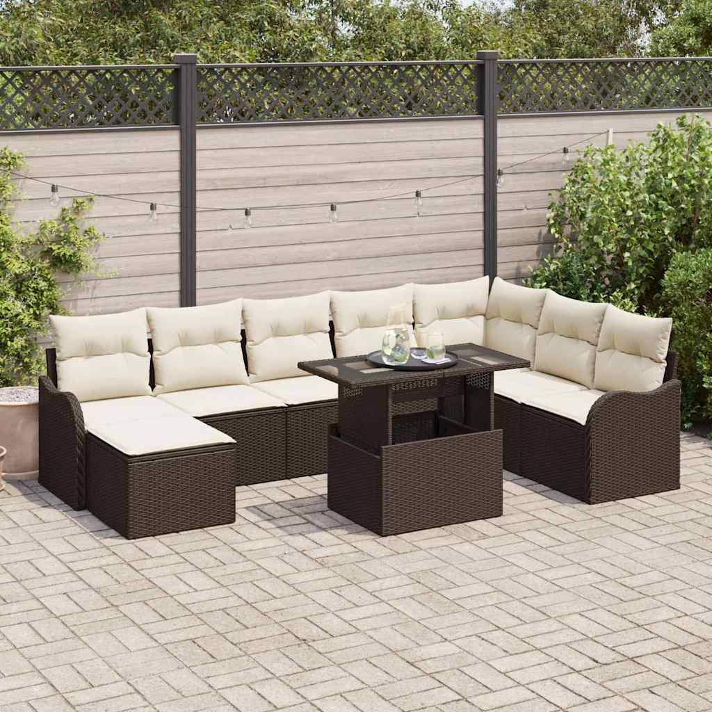 Sodo Sofų Rinkinys su pagalve 9 pcs Ruda Poli ratanas
