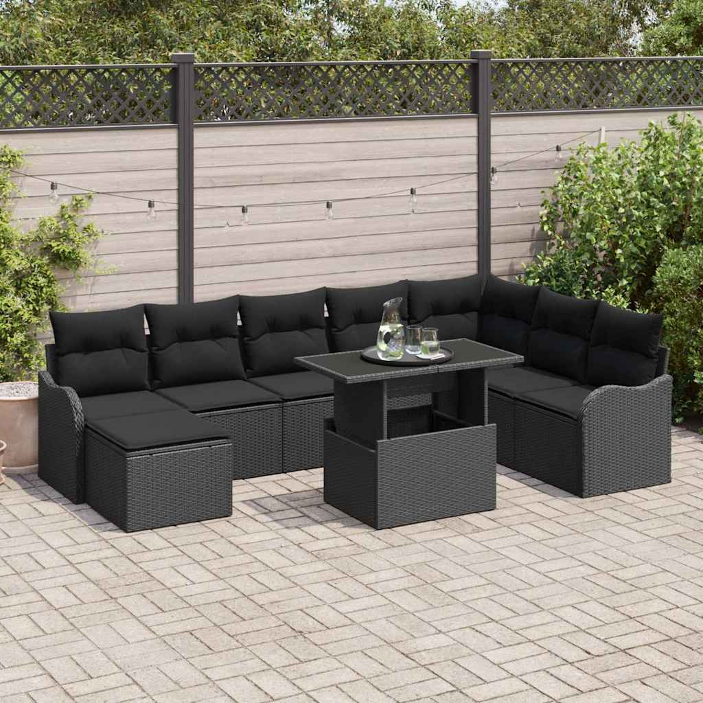 Garden Sofa Set with Cushions 9 pcs Black Poly Rattan