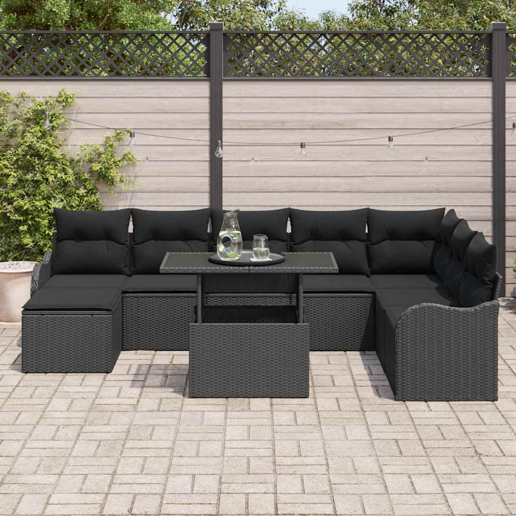 Garden Sofa Set with Cushions 9 pcs Black Poly Rattan