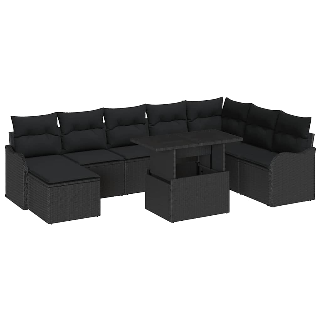 Garden Sofa Set with Cushions 9 pcs Black Poly Rattan