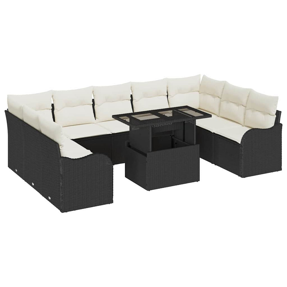 10-Piece Garden Sofa Set with Cushions Black Poly Rattan