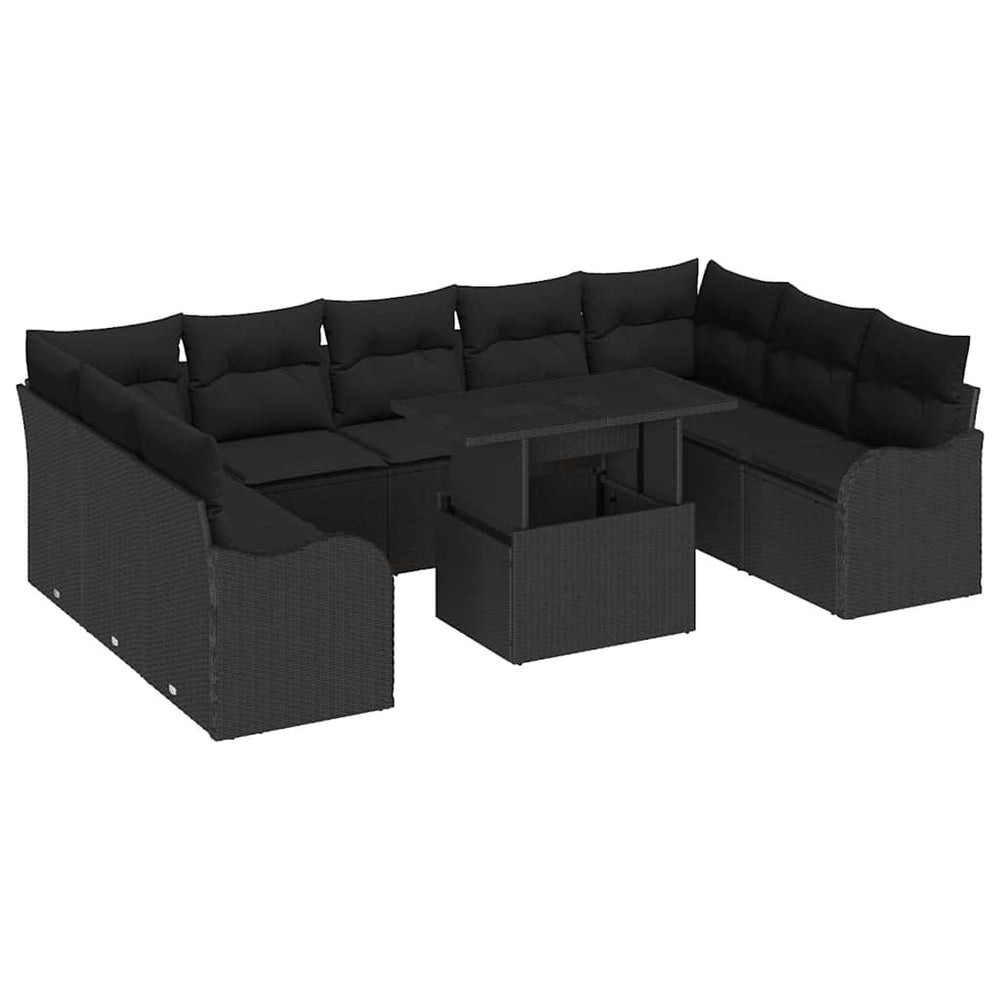 10-piece garden sofa set with cushions black poly rattan