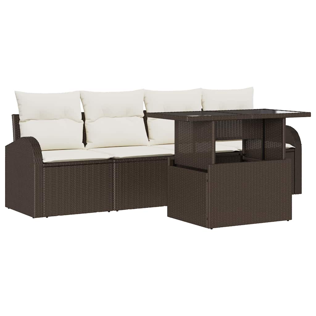 5 Piece Garden Sofa Set with Cushions Brown Poly Rattan