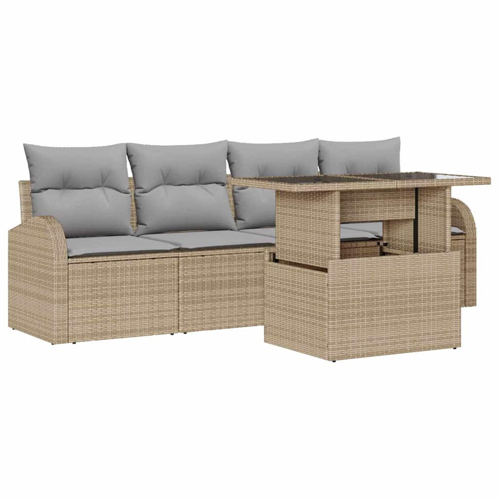 5 Piece Garden Sofa Set with Cushions Sand Polyrattan