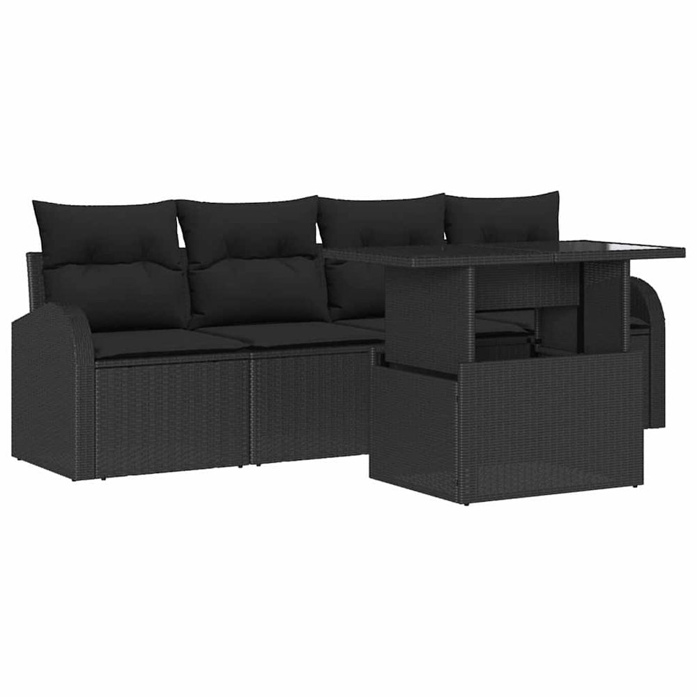 5-Piece Garden Sofa Set with Cushions Black Poly Rattan