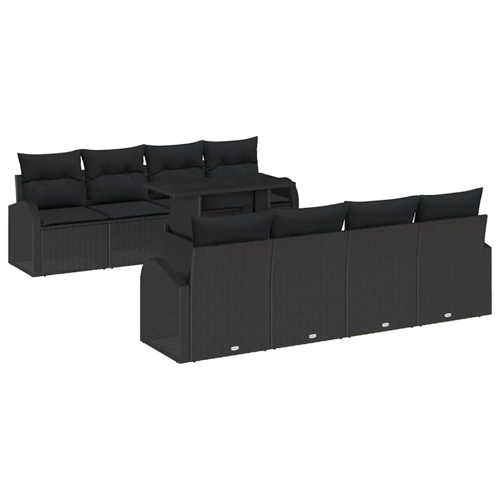 9-Piece Garden Sofa Set with Cushions Black Poly Rattan