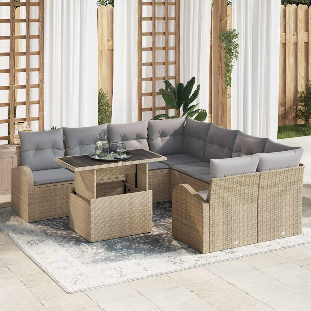 9 dalių sodo sofa komplektas su pagalvėlėmis Smėlio poli ratanas