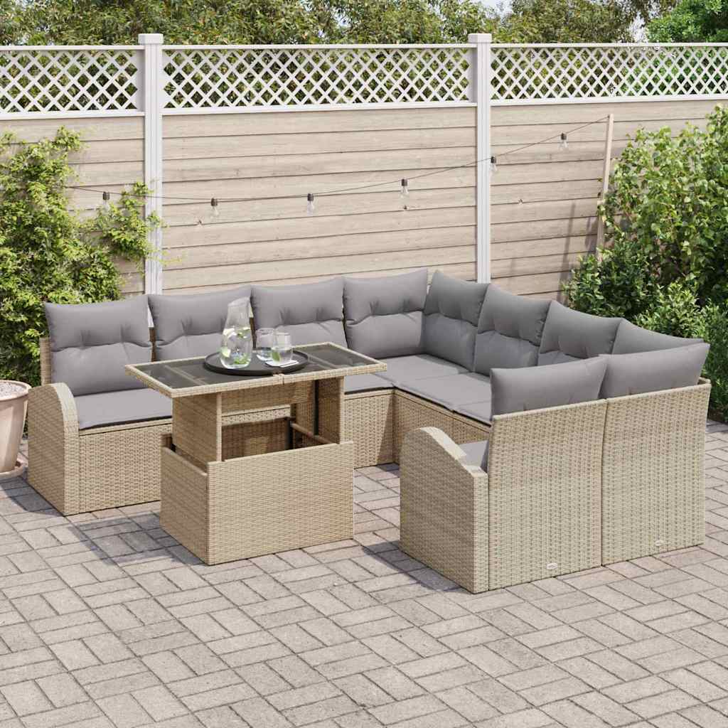 9 dalių sodo sofa komplektas su pagalvėlėmis Smėlio poli ratanas