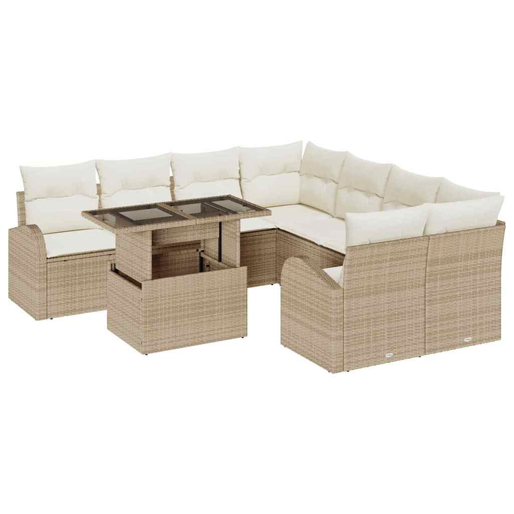 9-Piece Garden Sofa Set with Cushions Sand Poly Rattan