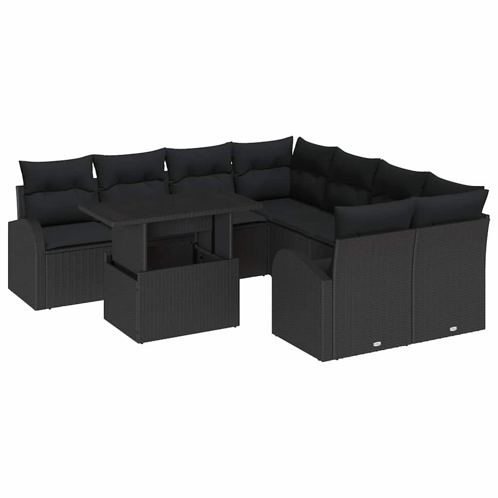 9 Dalių Sodo Sofa Rinkinys su Pagalvėlėmis Juoda Poli Ratanas