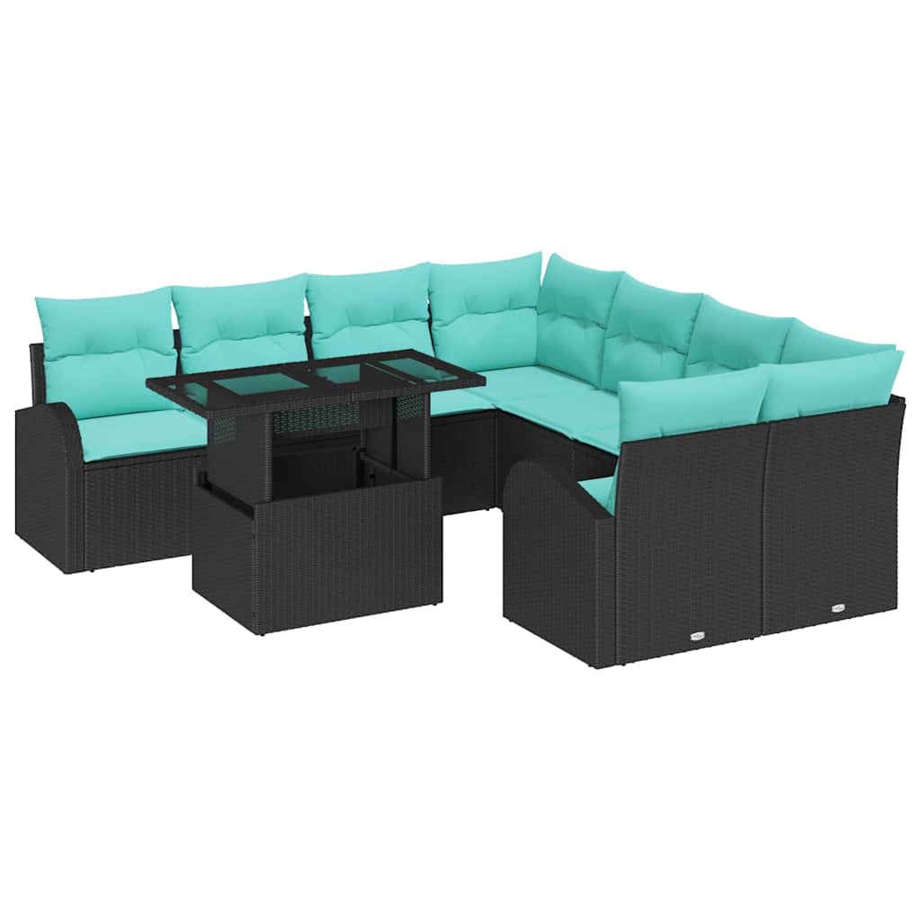 Sodo Sofų Rinkinys su pagalve 9 pcs Juoda Poli ratanas
